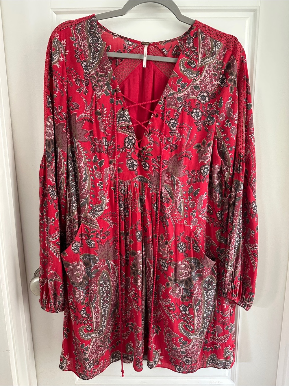 Free People Red Paisley Lace-Up Mini Dress